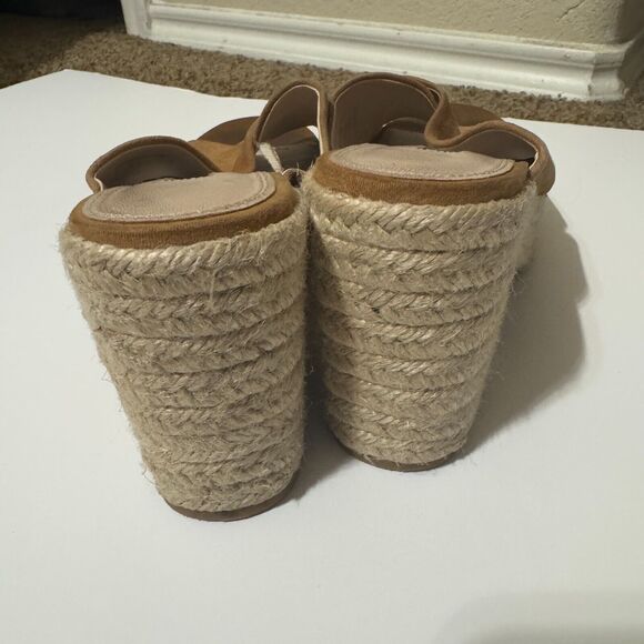ZARA Women's Tan Suede Espadrille Sandals SZ 38/7.5 block platform heels slip on - Picture 6 of 6